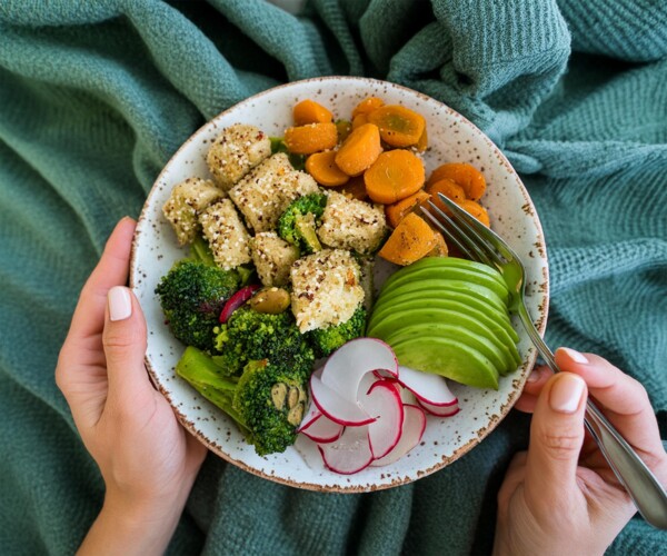 Zdravý talíř se zeleninou, avokádem a bílkovinami v rukou – vyvážené jídlo při hubnutí a změně stravovacích návyků