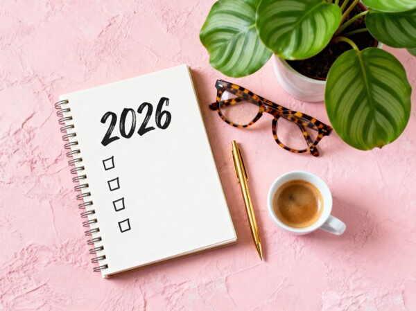 Diář s nápisem 2026, checklist novoročních předsevzetí, káva a brýle – plánování SMART cílů pro zdravý životní styl