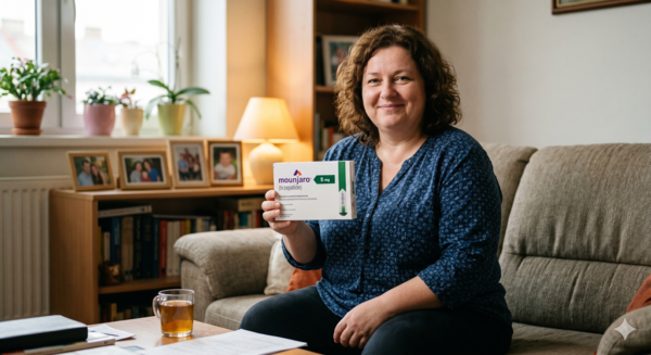 Žena s nadváhou drží krabičku léku Mounjaro (tirzepatid) a usmívá se – GLP-1 léky na hubnutí doma