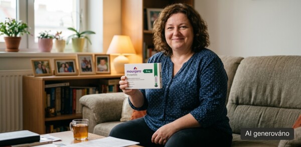 Žena doma drží balenie lieku na chudnutie predpísaného lekárom na liečbu obezity.