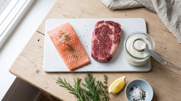 Surový losos a hovädzí steak ako prirodzené zdroje kreatínu vedľa pohára s kreatínom v prášku